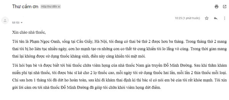 Lời cảm ơn của chị Phạm Ngọc Oanh, Cầu Giấy, HN sau khi sử dụng bài thuốc chữa viêm amidan nhà thuốc Đỗ Minh Đường